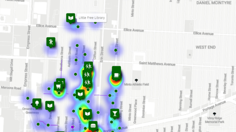 Screenshot of digital street map with green markers. One marker reads Little Free Library.