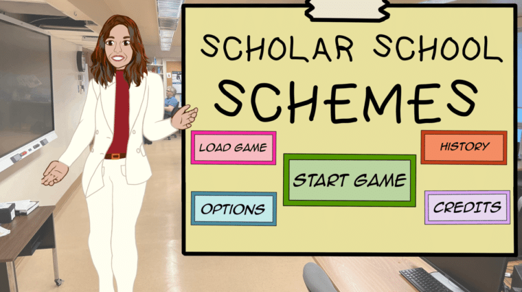 Cartoon of a person in a classroom. A graphic says "Scholar School Schemes, load game, options, start game, history, and credits."